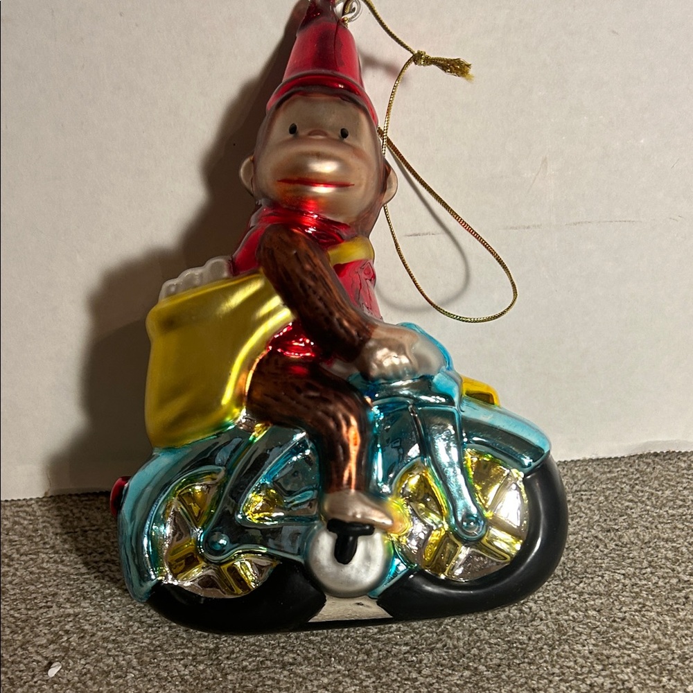 Holiday Monkey on Bike Glass Ornament - Red, Blue, Yellow